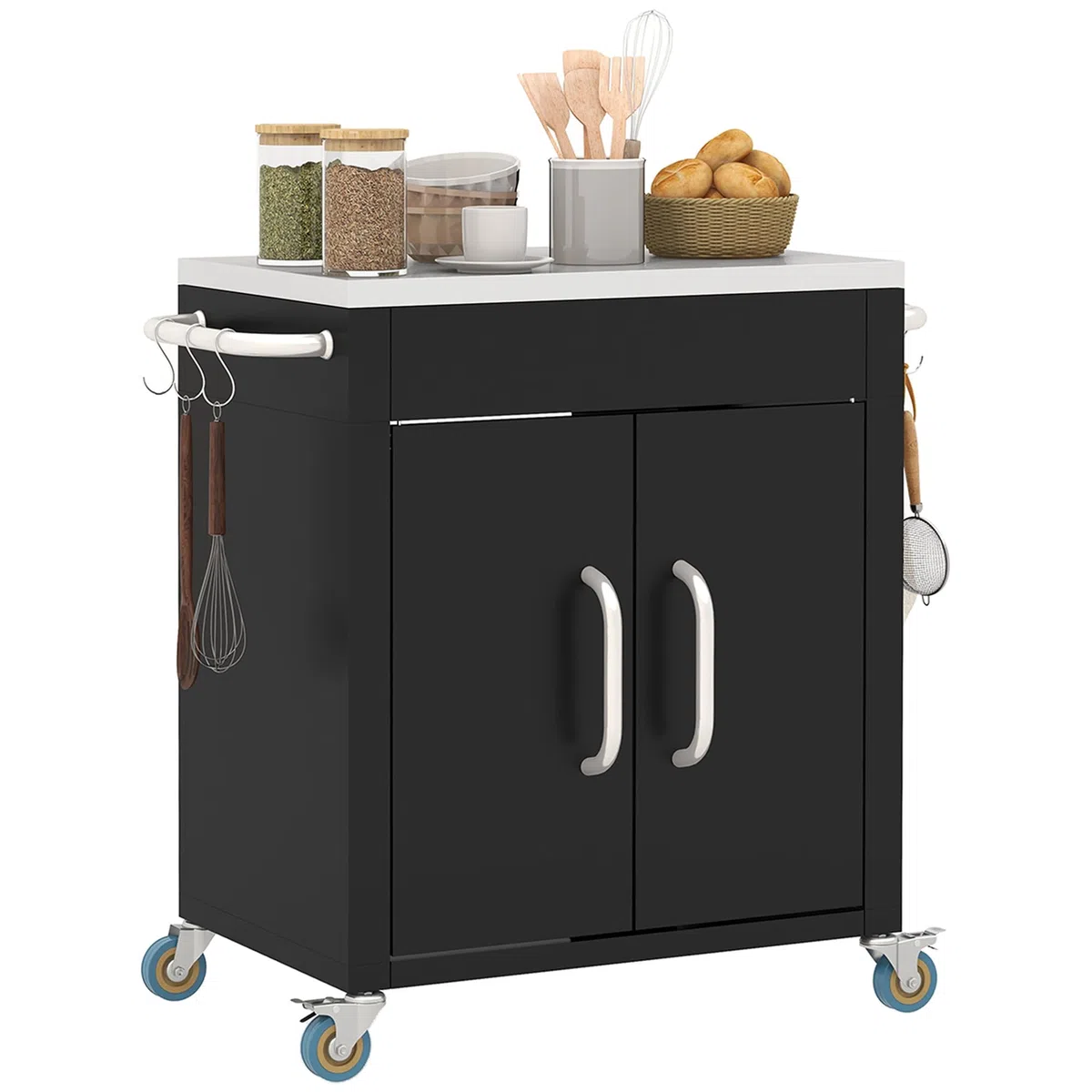 HOMCOM Carrello Barbecue con Piano in Acciaio Inox, Tavolo Cucina da Esterno con Ruote, Maniglia, 6 Ganci e Armadietto Contenitore, 86x50x86.5 cm, Nero