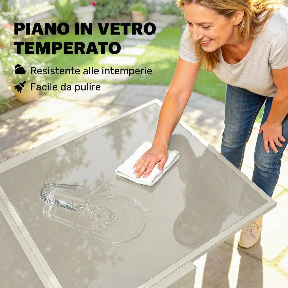 Outsunny Tavolo da Giardino Allungabile per 4-8 Persone, 90/180x90 cm Tavolo da Pranzo Estensibile da Esterno in Alluminio con Piano in Vetro Temperato, per Patio Terrazzo Balcone, Bianco Crema