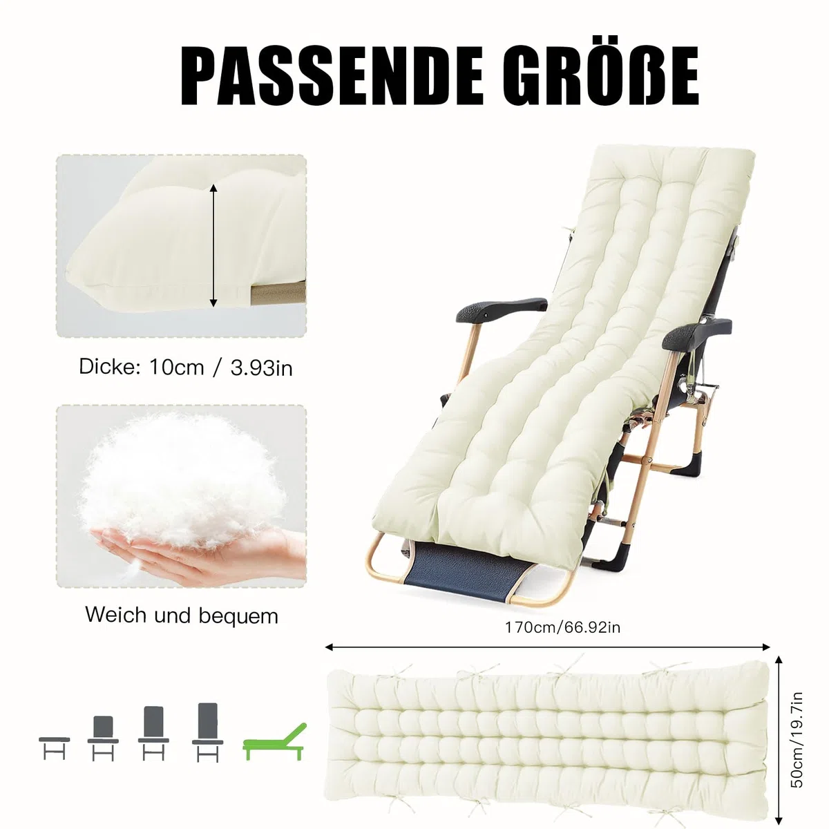 Bocguy Coussins Pour Bains De Soleil，170x50x10 CM Chaise Longue Jardin，Matelas Transat Bain De Soleil Chaise Longue Exterieur Pour Jardin Terrasse Balcon