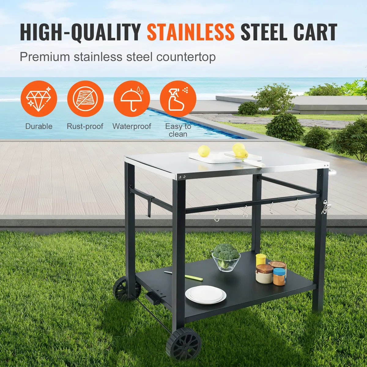 VEVOR Carrello da Pranzo per BBQ da Esterno con Doppio Ripiano, Tavolo Mobile Preparazione degli Alimenti per Barbecue, Piano Multifunzionale in Ferro Pieghevole, Carrelli da Esterno Piano 85x55 cm
