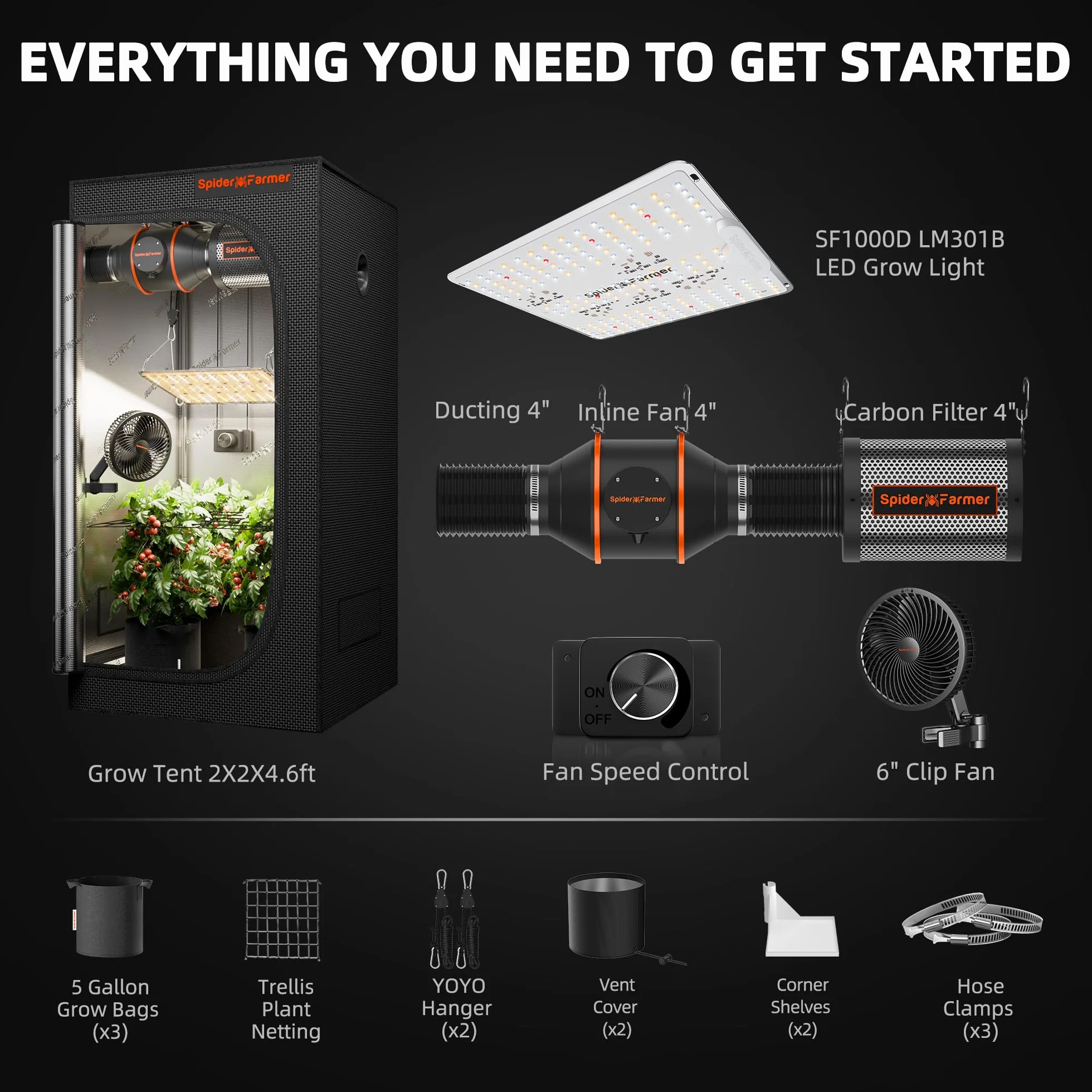 Kit tenda di coltivazione Spider Farmer SF1000D Lampada di coltivazione a LED a spettro completo Samsung LM301B LED Scatola di coltivazione completa 60x60x140cm Kit tenda di coltivazione idroponica