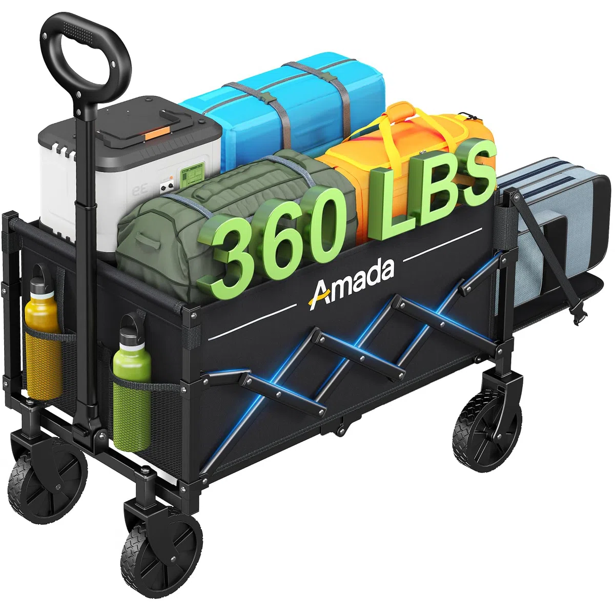 AMADA HOMEFURNISHING Carrello pieghevole, con carico massimo di 163 kg e stoccaggio espandibile, carrello pieghevole da 90L con 2 supporte tazze per all'aperto, alimentari, giardino e campeggio