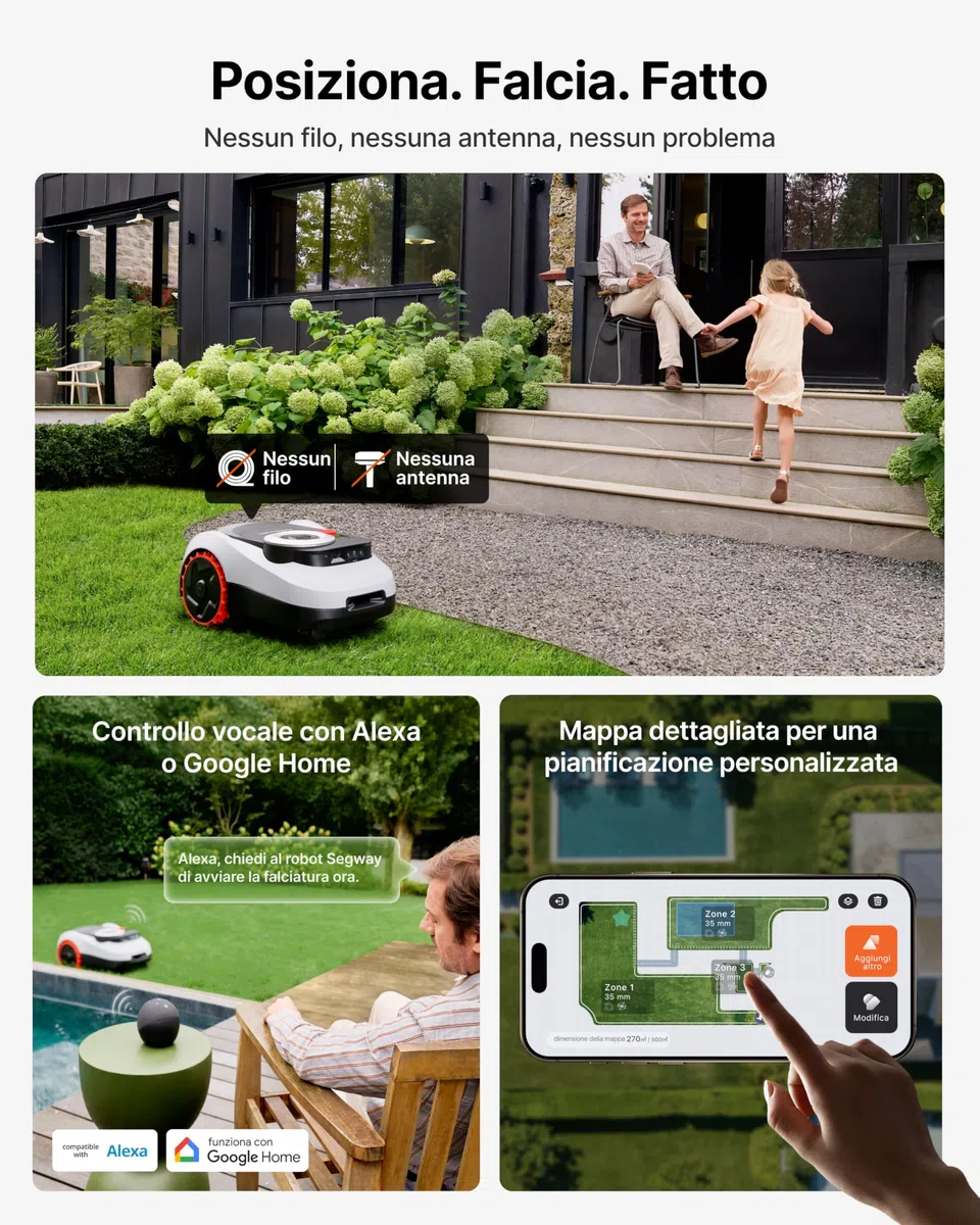 Segway Navimow i208 LiDAR Robot Tagliaerba Senza Filo Perimetrale per 800m² con Garage M, Pendenze del 45%, LiDAR a stato solido + Vision, Mappatura Automatica, 4G integrato (Spedito separatamente)