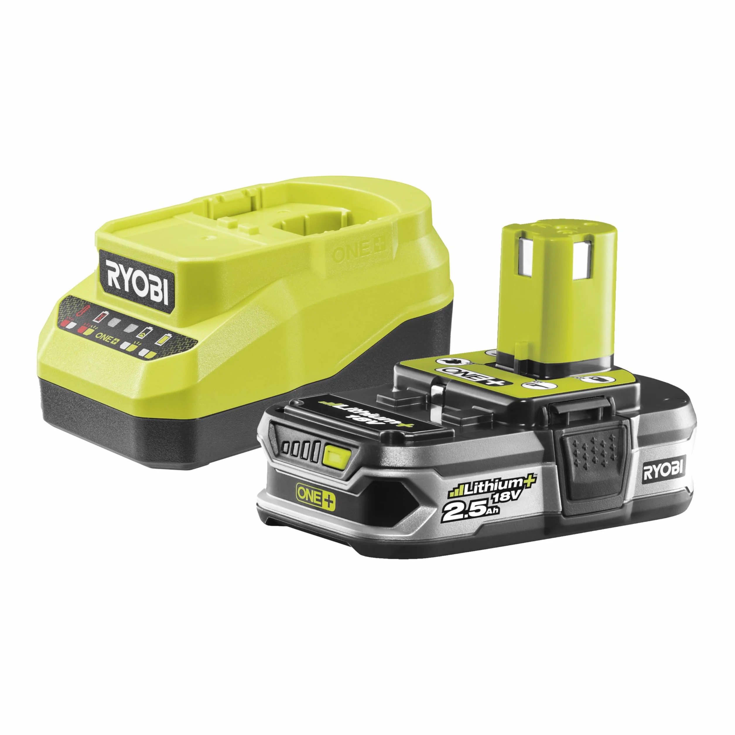 Ryobi Kit Batteria e Caricabatterie Originali 18V ONE+ con Batteria 2,5Ah Lithium+ e Caricatore 2,0A, Tecnologia IntelliCell, Indicatore LED, Compatibile con Oltre 200 Utensili, RC18120A-125