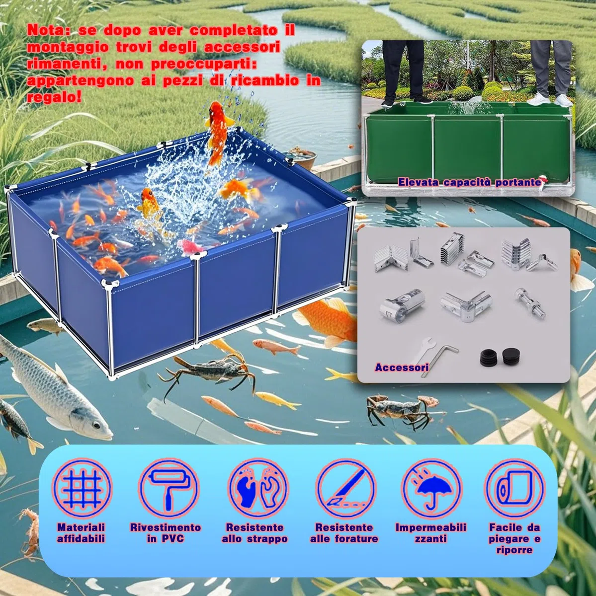 Laghetto Temporaneo in PVC per Pesci, Piscina Fuori Terra con Telaio di Acciaio, Serbatoio per Koi e Pesci Rossi, Facile Installazione