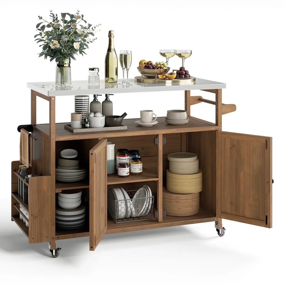COSTWAY Carrello Barbecue Esterno, con Piano in Acciaio Inox, Isola Cucina in Legno di Abete con Ruote, Armadio, Ripiano Aperto e Scomparti, 130 x 47 x 92 cm