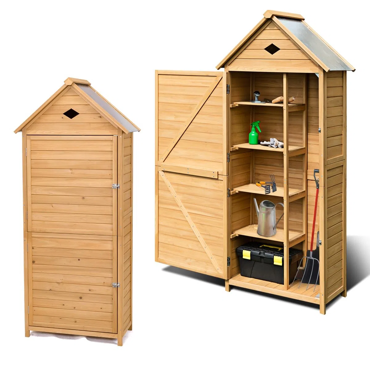 HOMASIS Casetta da Giardino in Legno, Casetta Porta Attrezzi Impermeabile con 5 Ripiani, Capanno da Giardino con Tetto Zincato e Serratura, Armadio da Esterno, Balcone (80 x 45 x 177 cm)