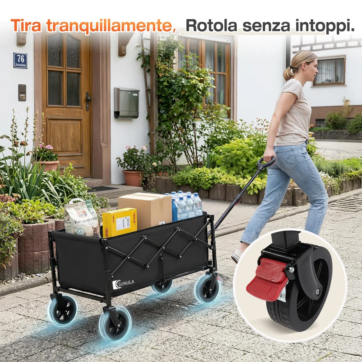 SUNULA Carrello pieghevole piccolo 80L 100KG, carrello pieghevole con peso ridotto, carrello fuoristrada con freni, Nero