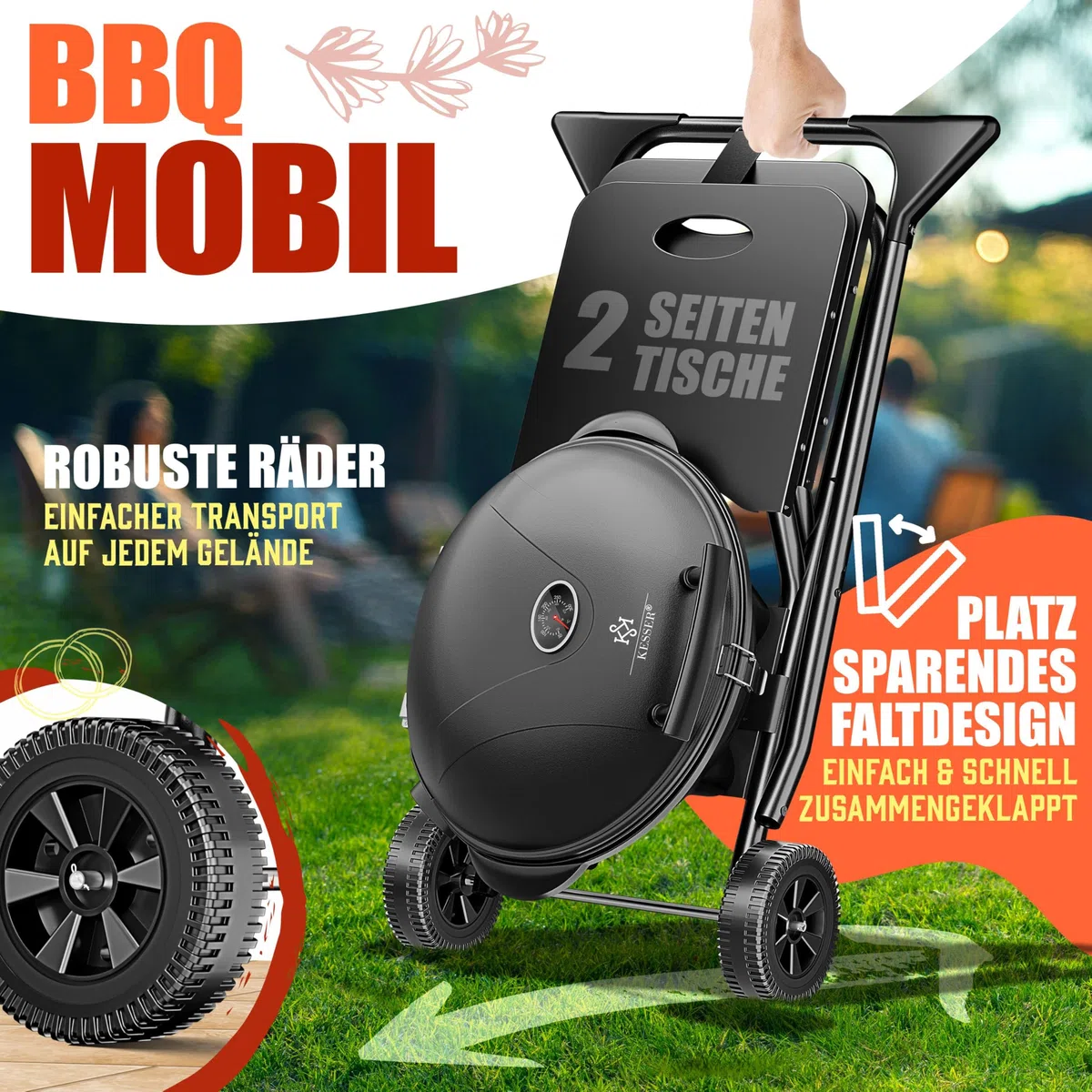 KESSER® Griglia elettrica 2in1 da tavolo - griglia da terra con coperchio | max. 2400 Watt | Pieghevole | Termostato | Rivestimento antiaderente | Piastra griglia tavoli di appoggio | 2 ruote | incl