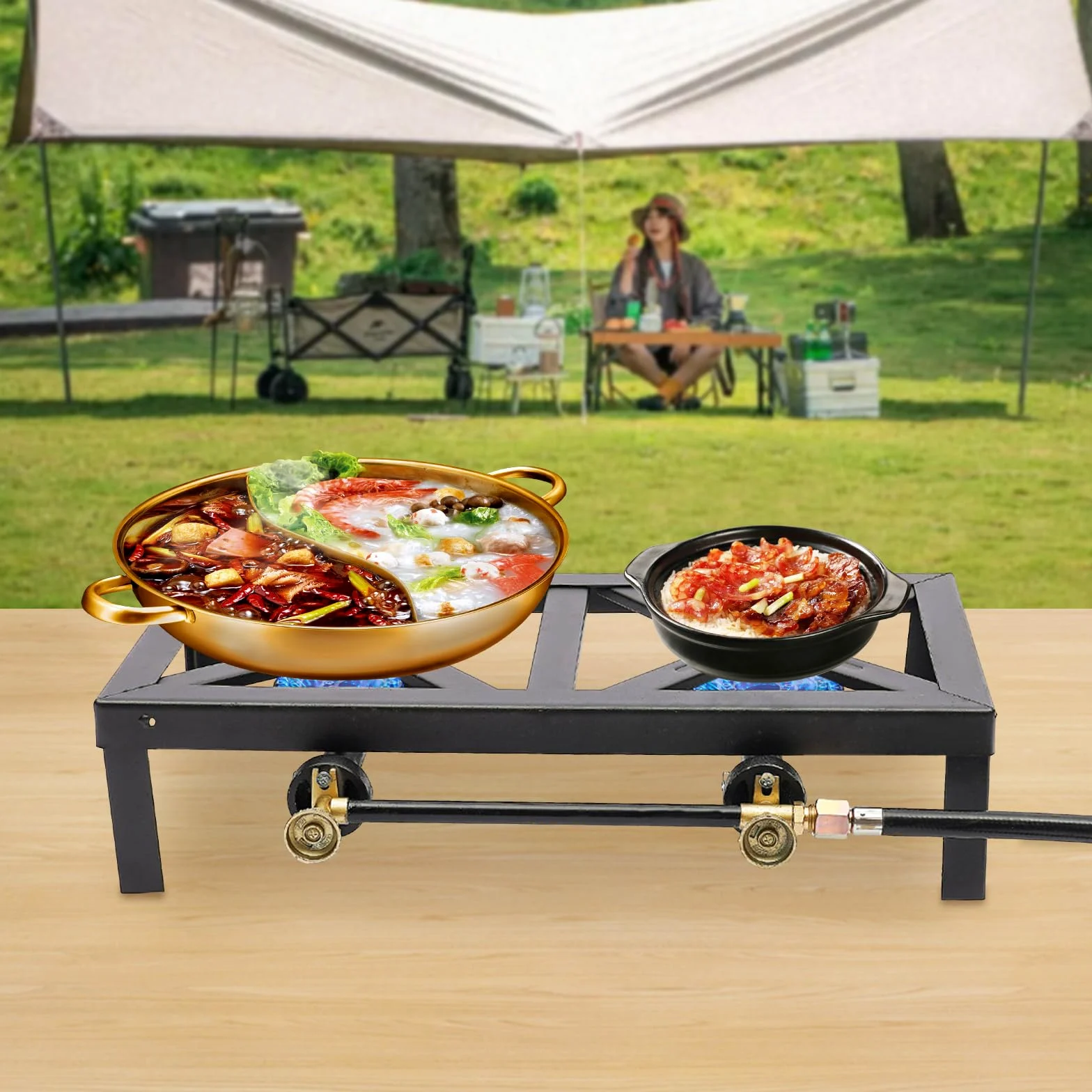 Fornello a Gas da Esterno Nero Fornello a Gas 8000W Bruciatore Doppio in Ghisa con Tubo del Regolatore, Griglia a Gas Portatile da Campeggio per Campeggio Giardino BBQ Gambe Fisse Portatile