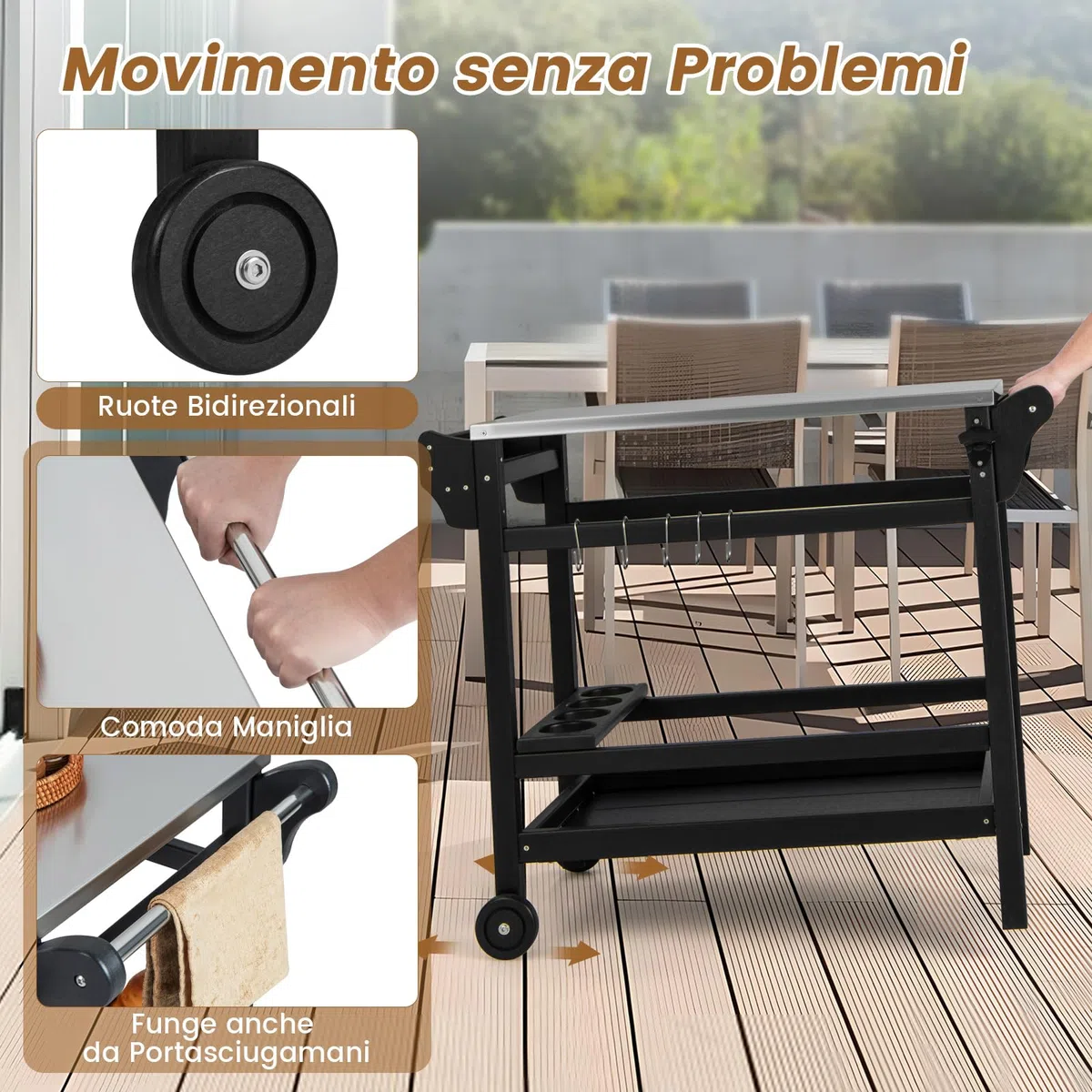 COSTWAY Carrello Barbecue da Esterno, Stand per Forno a Pizza con Piano in Acciaio Inox Vassoio e Portabottiglie, con Maniglia e Ruote per Cucina Giardino, Carico 150kg, 105x54x85 cm