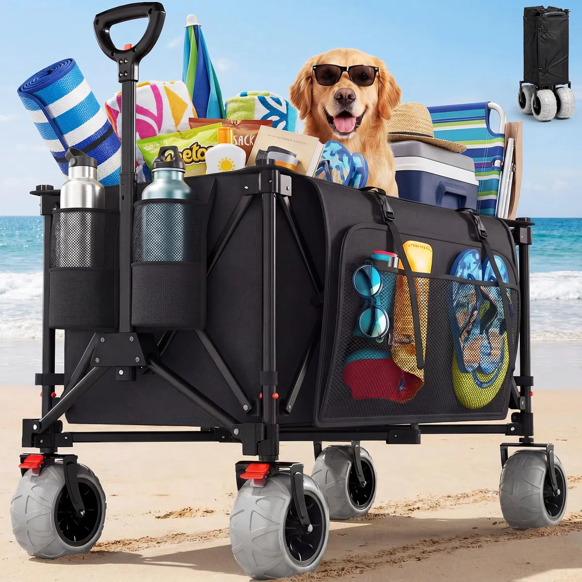 200L Grandi Carro Playa Plegable con Ruedas Todo Terreno, 200kg Carretto Spiaggia Pieghevole con Regolabile Braccioli e Freno, Carrito Playa Ruedas Borsa 20L per Campeggio Spesa