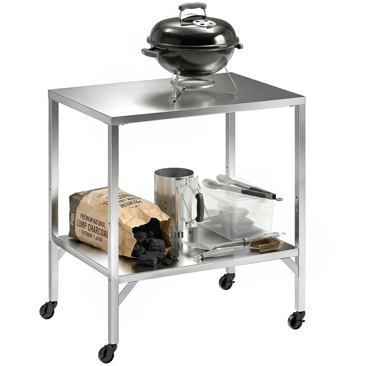Outsunny Carrello per barbecue in acciaio inossidabile, tavolo di preparazione per esterni di 85 x 60 cm, con piano di lavoro e rotelle, dessert da giardino stabile per forno a pizza e griglia