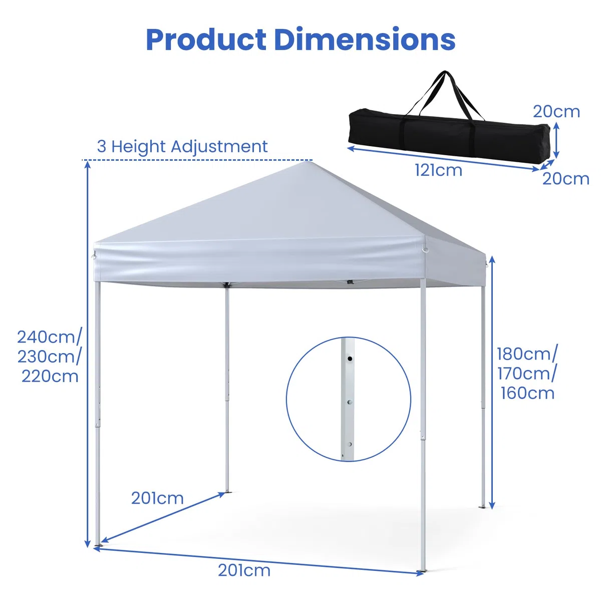 HOMASIS Gazebo Pieghevole Impermeabile 2 x 2 M, Gazebo Esterno Resistente con 4 Corde Antivento e 8 Picchetti, Tenda Pop Up Regolabile in Altezza e Borsa per il Trasporto per Campeggio (Bianco)