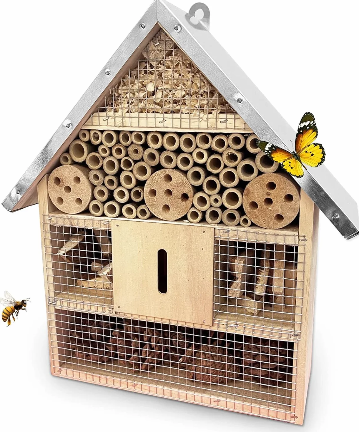 Casetta In Legno Da Giardino Esterno Per Insetti, Casetta Api Selvatiche Da Appendere Con Tetto In Metallo, Hotel Per Insetti Selvatici Ape Farfalla Coccinella, Decorazioni Appesa Da Giardino Albero