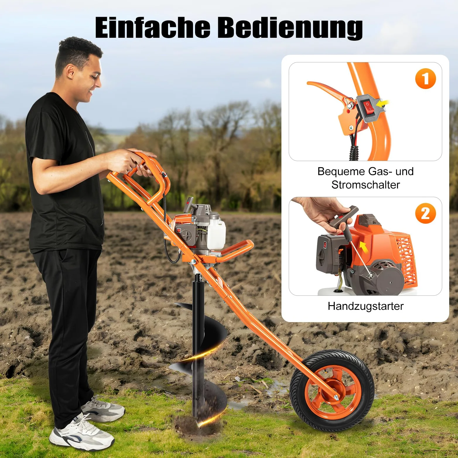 63CC - Trapano a benzina a due tempi, con carrello manuale, trapano per pali con punta da 30 cm, trapano a benzina, adatto per lavori di perforazione in giardino e altri lavori di perforazione