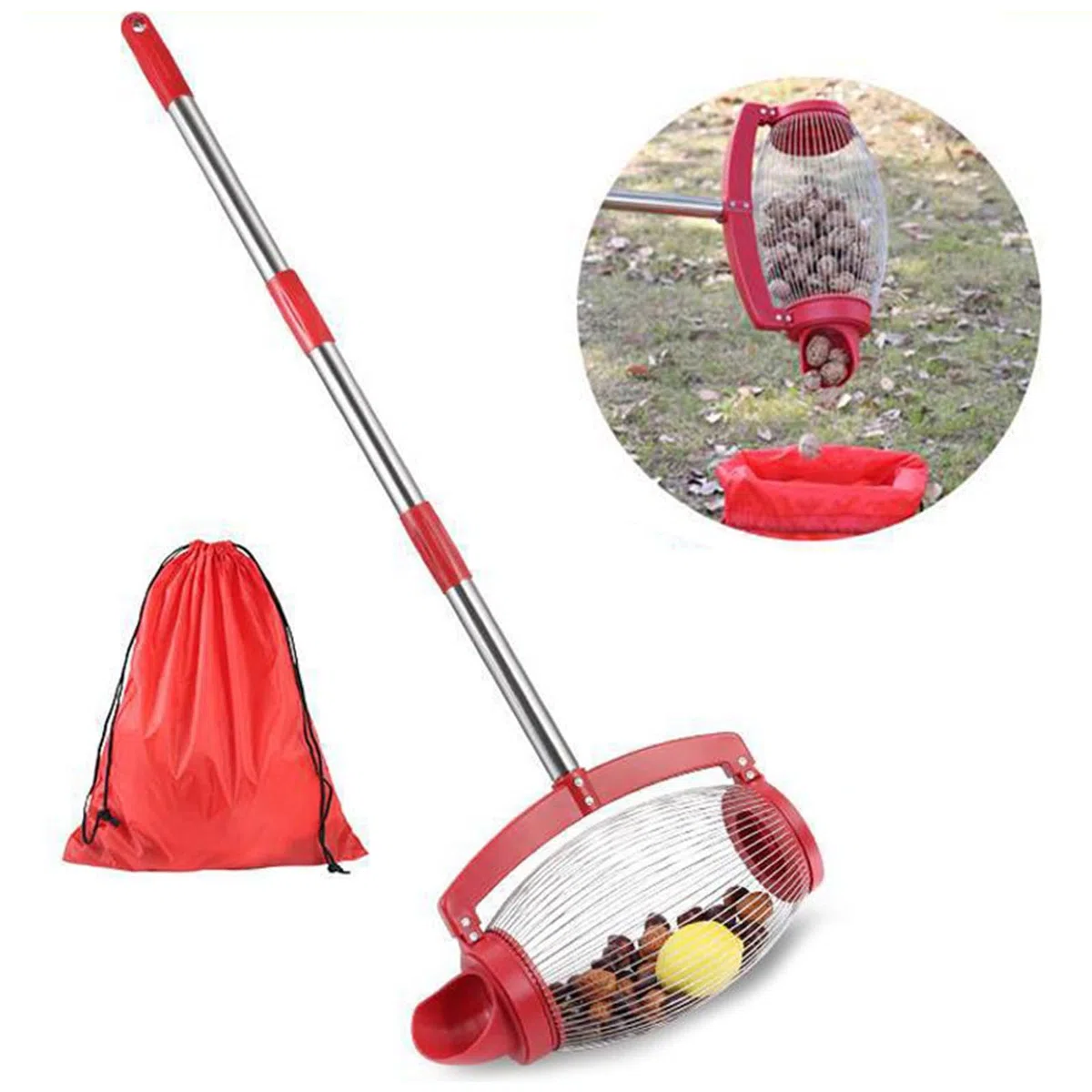 Raccolta di noci – Rullo per raccolta di noci | Macchina per raccolta di noci rotanti con manico lungo, raccoglitore a sfere, attrezzi da giardino per frutta pecan, granchi, castagne, ghiande,