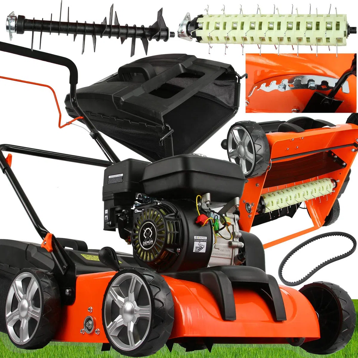 IMJ-Global Arieggiatore 3 in 1 Scarificatore 5 CV a Scoppio 196cc 3,8kW Motore 4 Tempi Benzina per Prato | 2 Rulli Intercambiabili | 8 Livelli di Regolazione in Altezza| Cestello Incluso