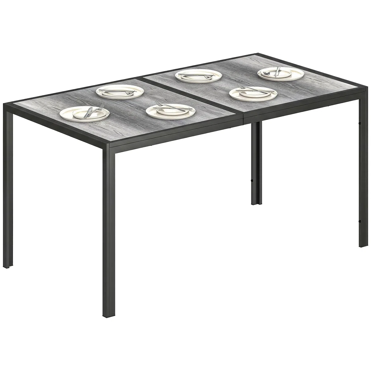 Outsunny Tavolo da Giardino con Piano Effetto Legno in Plastica 150x80 cm per 6 Persone, Tavola da Pranzo da Esterno Rettangolare, Gambe in Acciaio, per Patio, Terrazzo, Balcone, Grigio