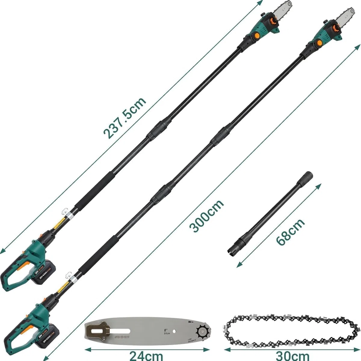 Potatore Telescopico, Sega Potatrice Elettrica, Sega ad Asta a Batteria, Batteria 20V 4Ah e Caricabatterie, Lama 20cm, Velocità Catena 5 m/s, Auto-Lubrificante, Testa Inclinabile, incl. Tracolla, 4 M