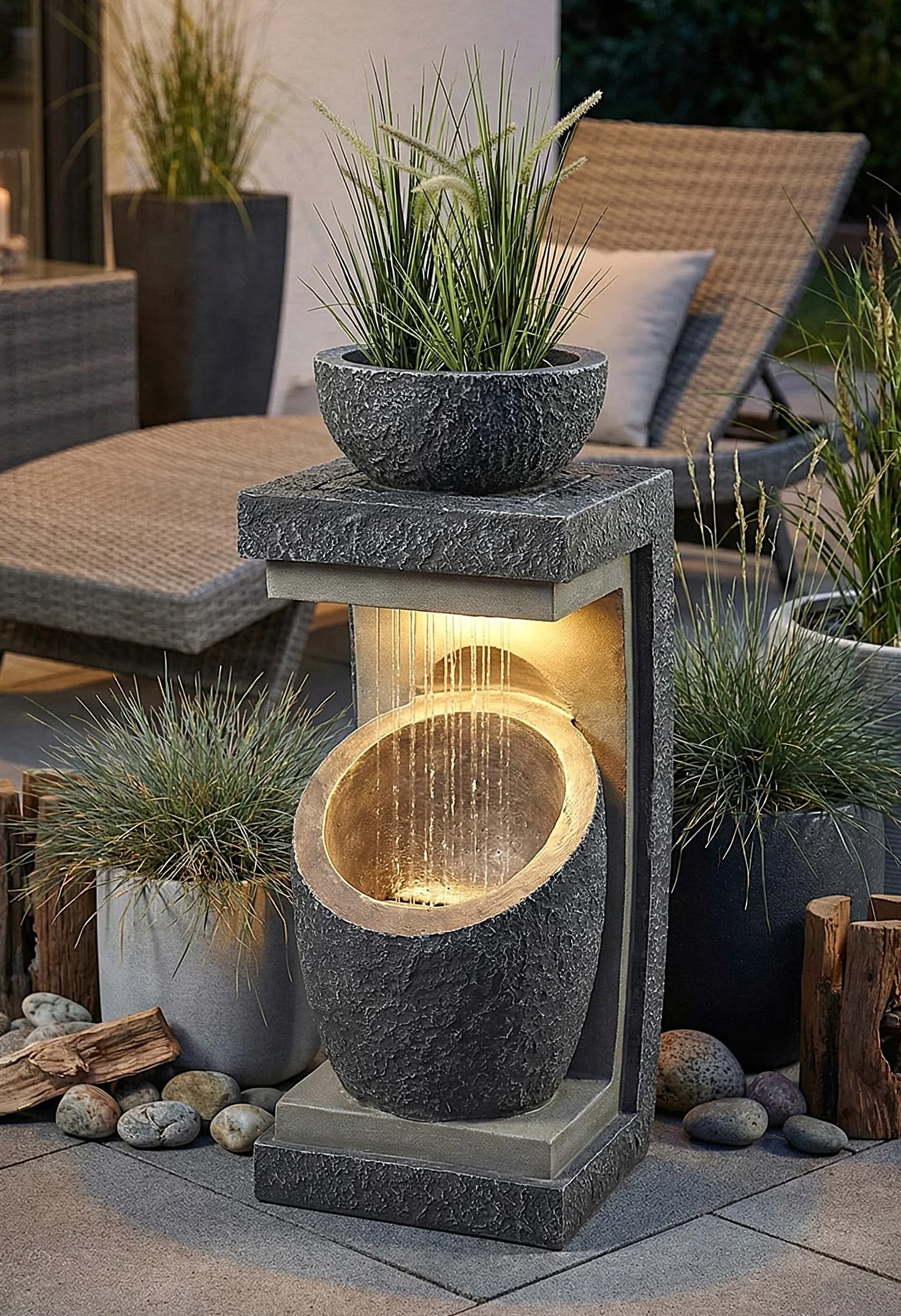 Fontana da giardino con illuminazione a LED Win 30, fontana moderna per piante, decorazione da giardino, effetto pietra, 81 cm