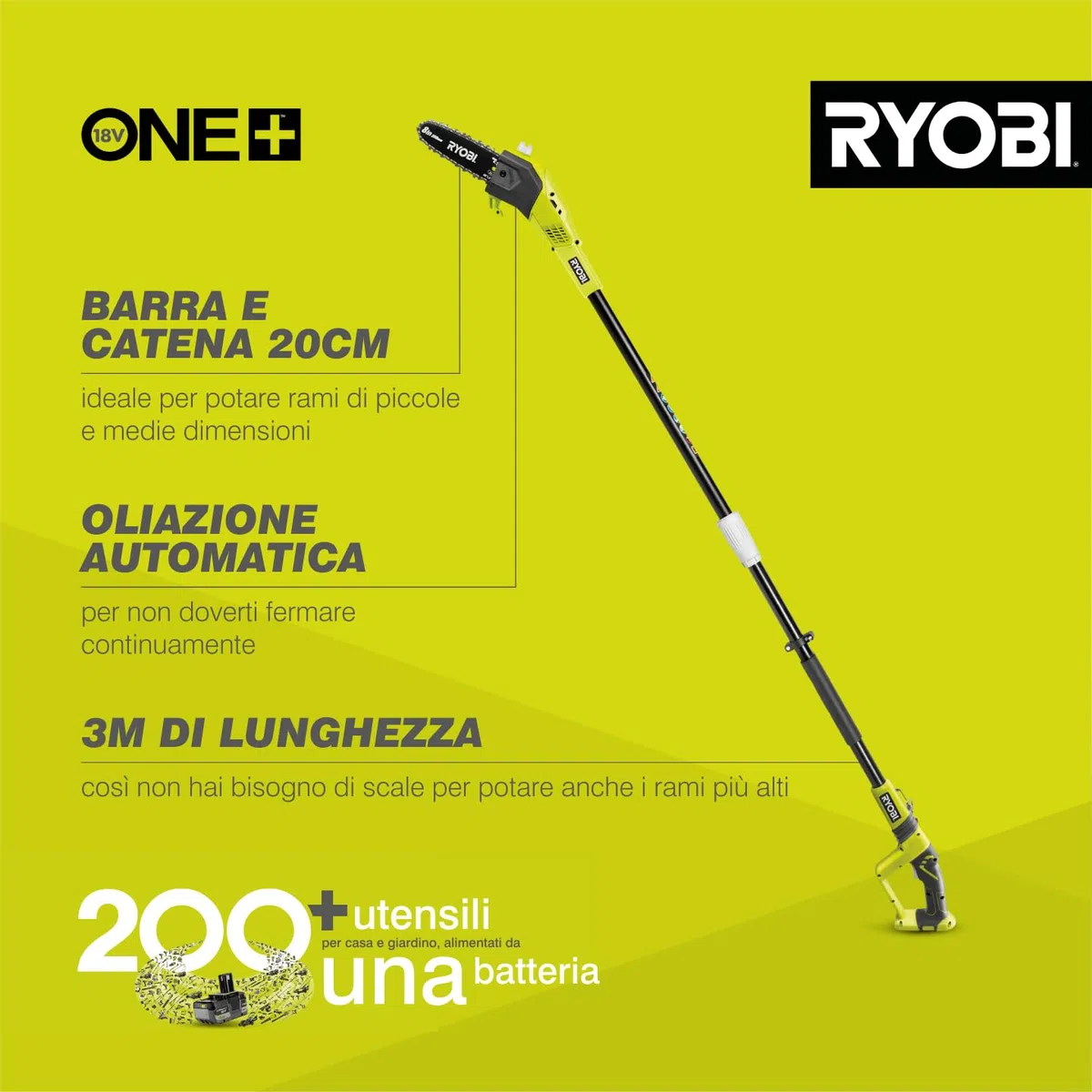 Ryobi OPP1820 Potatore a Batteria 18V ONE+, Impugnatura Ergonomica, Batteria Non Inclusa, Barra 20 cm, Velocità Catena 5,5 m/s