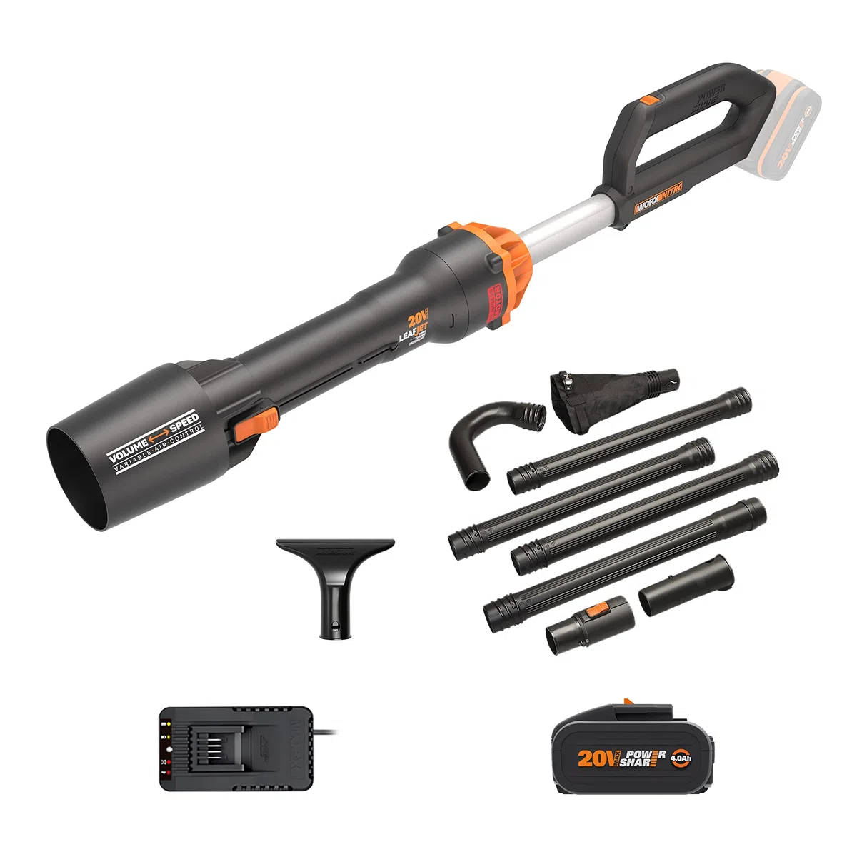WORX Nitro WG543E.1 - Soffiatore professionale a batteria, 20 V, motore brushless 2.0, max. 209 km/h, 2 livelli di velocità, con batteria PowerShare da 4,0 Ah, caricatore e kit per grondaie GUTTERPRO