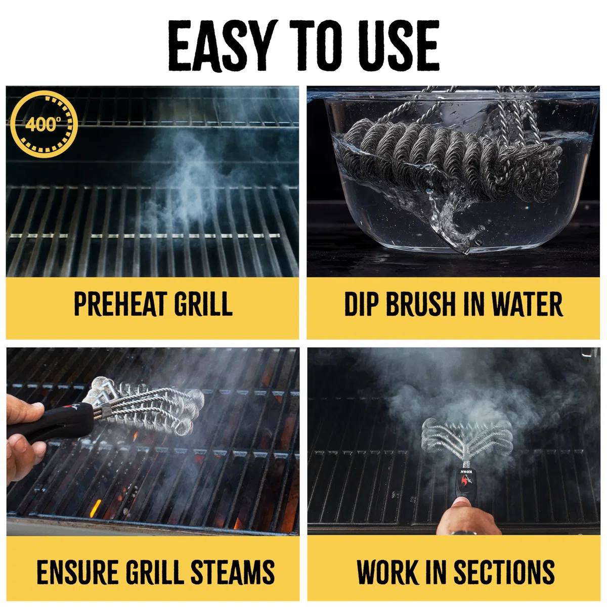 Kona Safe/Clean - Spazzola per barbecue senza setole, per barbecue all'aperto, 100% in acciaio inox, resistente alla ruggine, sicura per porcellana, ceramica, acciaio, ghisa, regalo per grigliate