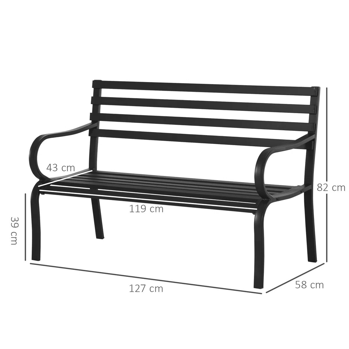 Outsunny Panchina da Esterno in Metallo Impermeabile Nero, Panca da Giardino a due Posti, 127 x 62 x 82cm - Max 240kg