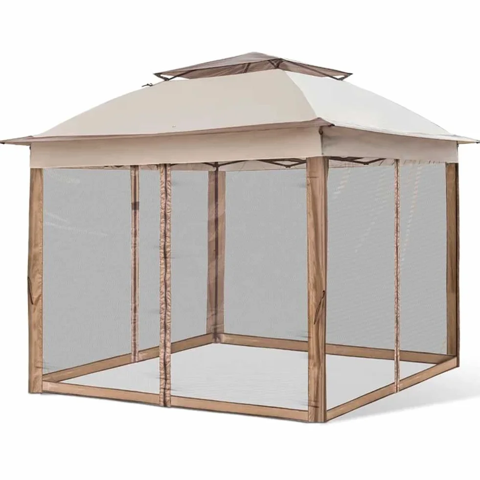 BAKAJI Gazebo 3 x 3 metri Pieghevole con Zanzariere Tessuto Poliestere Impermeabile Struttura in Metallo Richiudibile a Fisarmonica Tendone Portatile Fiera Mercato Giardino Esterno + Custodia Beige