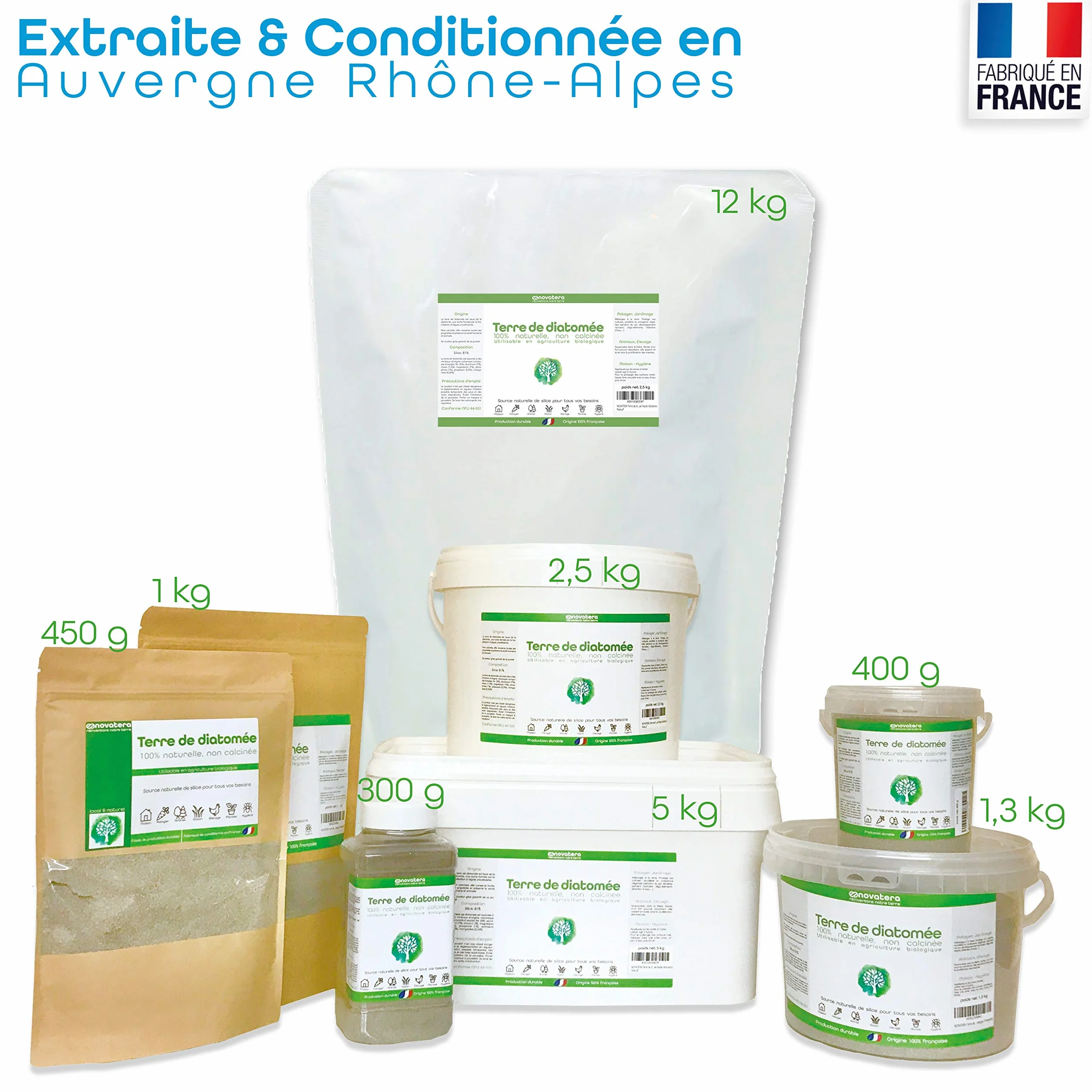 NOVATERA - 100% farina fossile naturale non calcinata, secchio 2,5 kg, estratta e prodotta in Francia, ultrapura, ECOCERT Agricoltura Biologica, protezione ecologica, disponibile da 0,3 a 25 kg