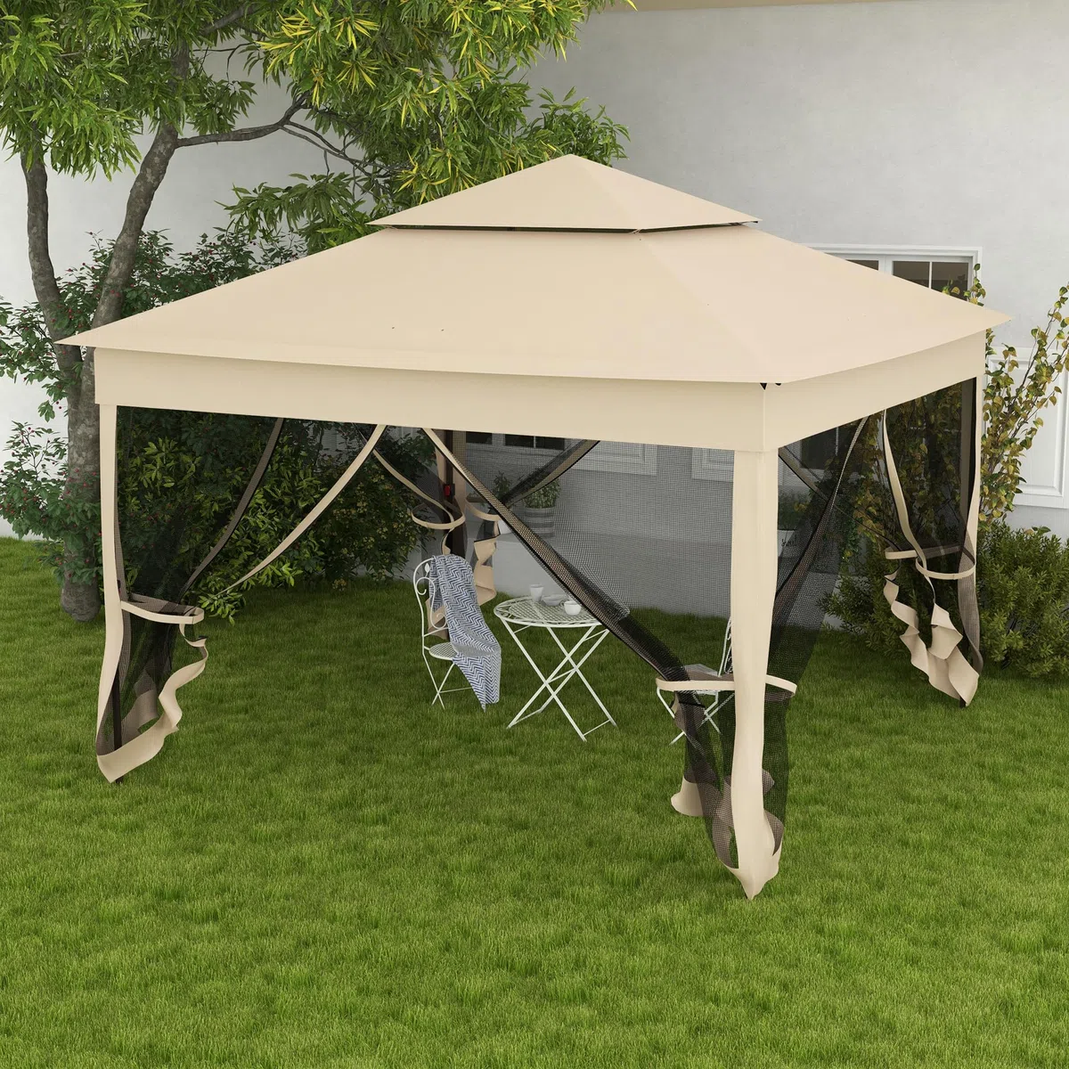 Outsunny Gazebo da giardino pieghevole pop-up Barum, 3 x 3 m, poliestere metallico, protezione UV impermeabile, zanzariera + borsa di trasporto, crema