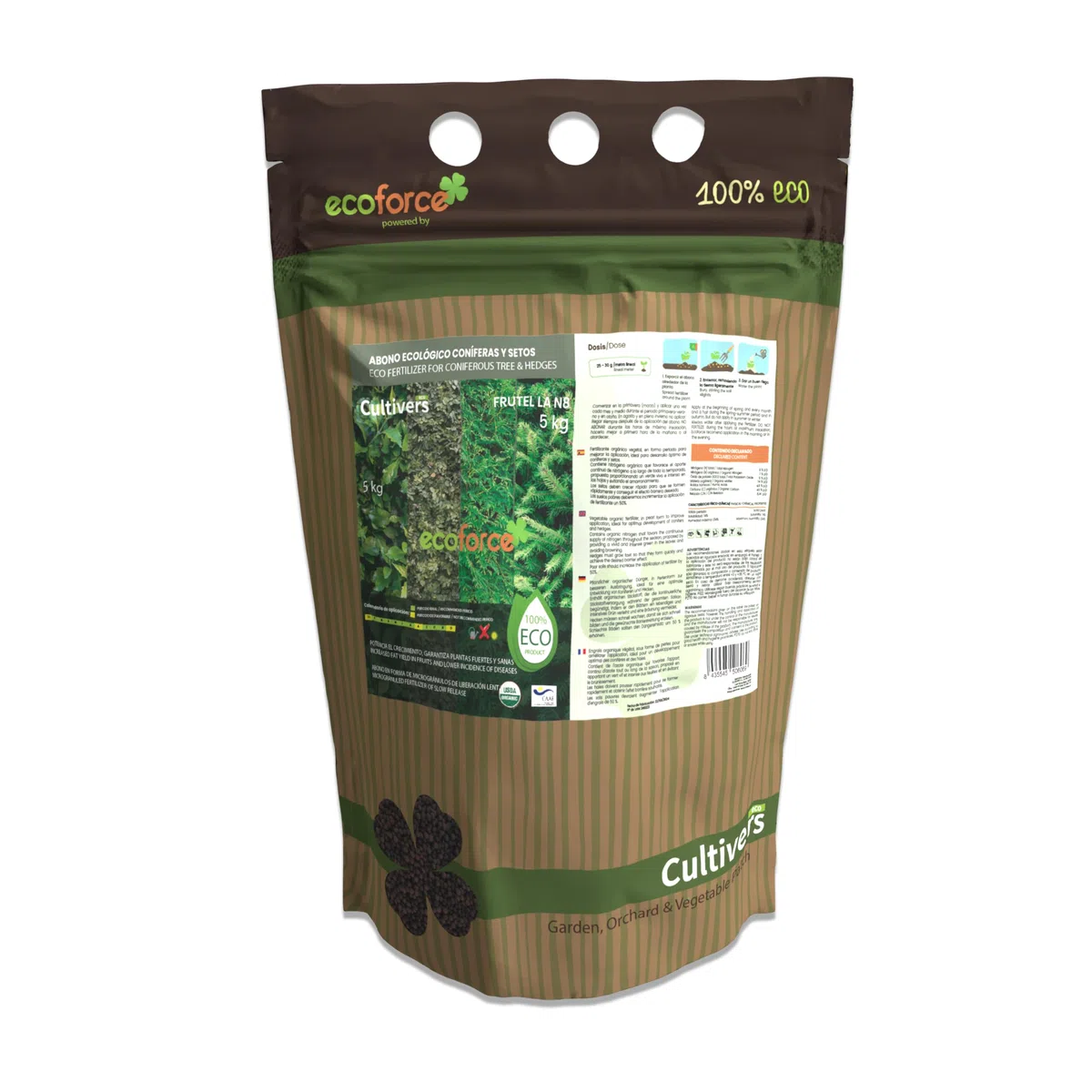 CULTIVERS Fertilizzante Ecologico per conifere e siepi da 5 kg (pini, abeti Rossi, cipressi e tuia). Fertilizzante di Origine Organica e Naturale al 100% con Alta concentrazione di NPK