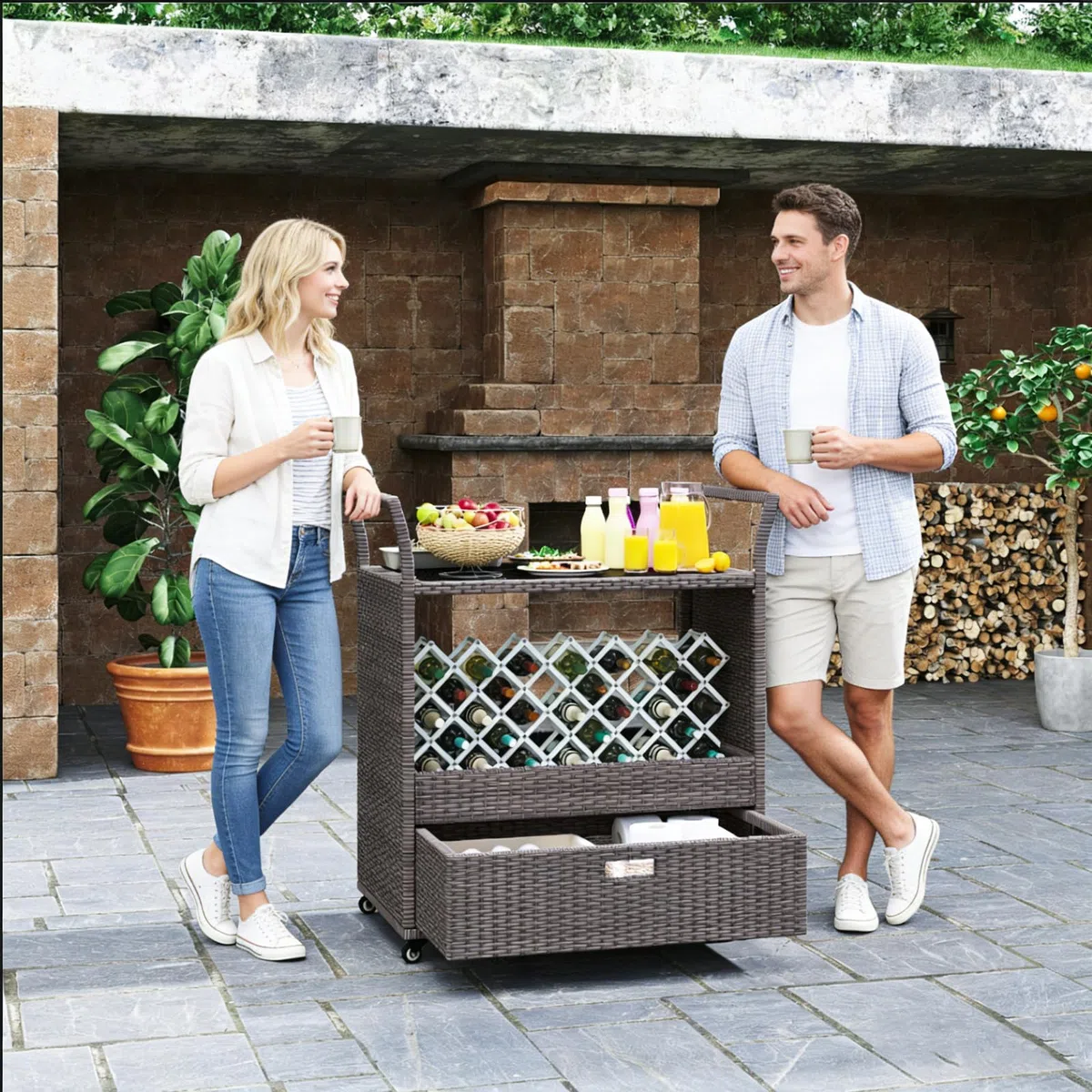 GIANTEX Carrello Bar da Esterno con Ruote, Carrello di Servizio in Rattan con Ripiano in Vetro Temperato, Scaffale di Stoccaggio e Cassetto Rimovibile per Veranda, Giardino e Bordo Piscina