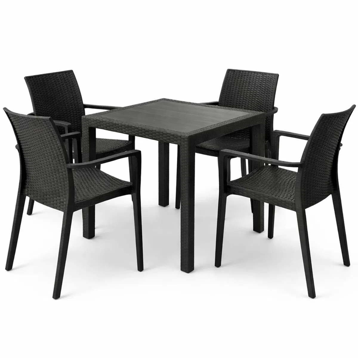 PALUPLUS Set Tavolo Quadrato con 4 Sedie Rattan in Plastica color Antracite, Misura Tavolino 79x79x72 cm, Sedia CON Braccioli, Arredo per Esterno, Terrazzo -KIN024F/DUK702F-23