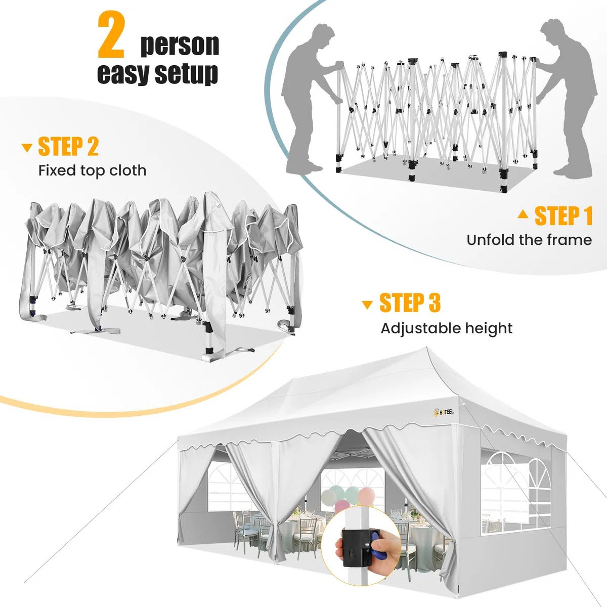 HOTEEL Gazebo 3x6 Impermeabile Pieghevole, Con 6 Pannelli Laterali, Uv 50+, Telaio Spesso, One-Touch Pop Up Gazebo con Sacca Portaoggetti, Per Matrimoni, Spiagge, Feste, Giardino (Bianco)