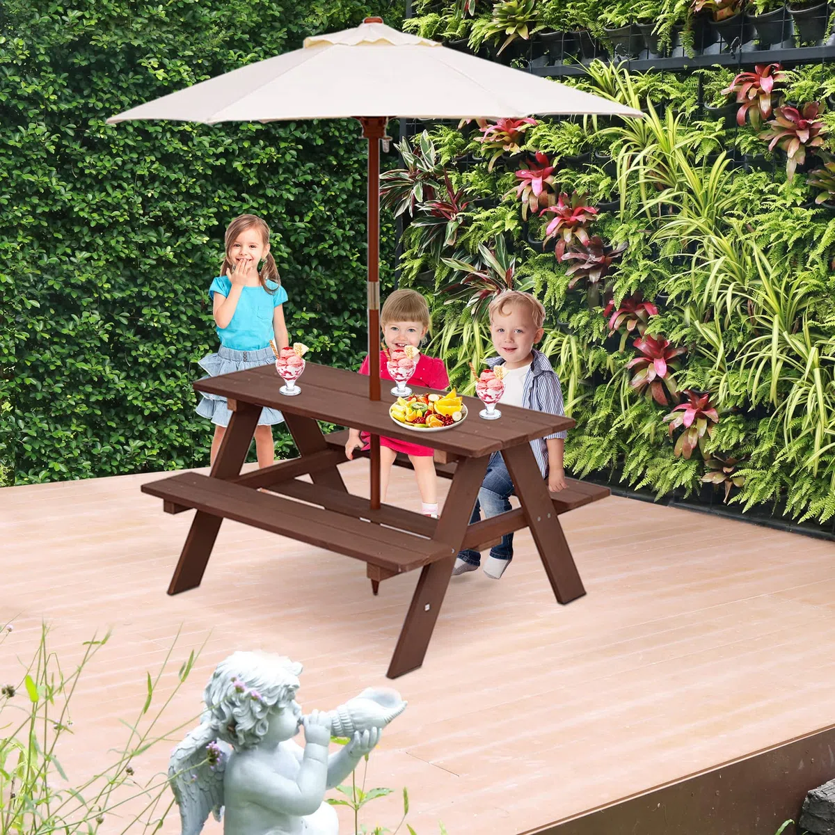 GYMAX Set Tavolo da Picnic e Panca per Bambini, Tavolo da Gioco in Legno di Abete con Ombrellone Rimovibile e Pieghevole, per Giardino Cortile Patio, Bambini (Stile 2)