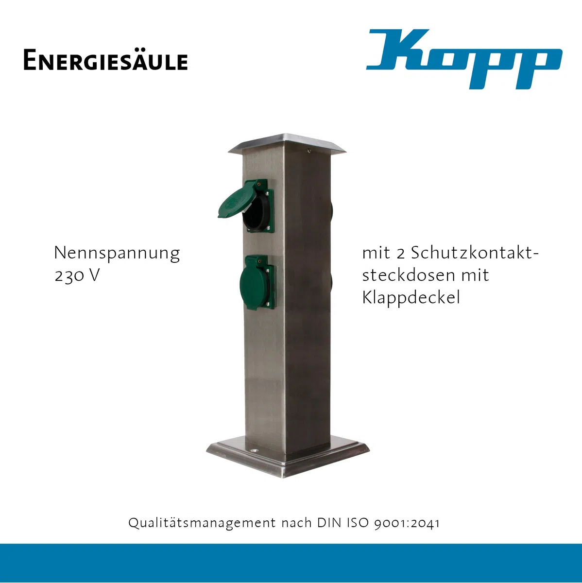 Kopp Palo di alimentazione da Giardino con 4 Prese di Contatto protettive 230 V, Presa di Corrente in Acciaio inox per uso esterno, Presa di Corrente da Giardino, Argento, 145330013