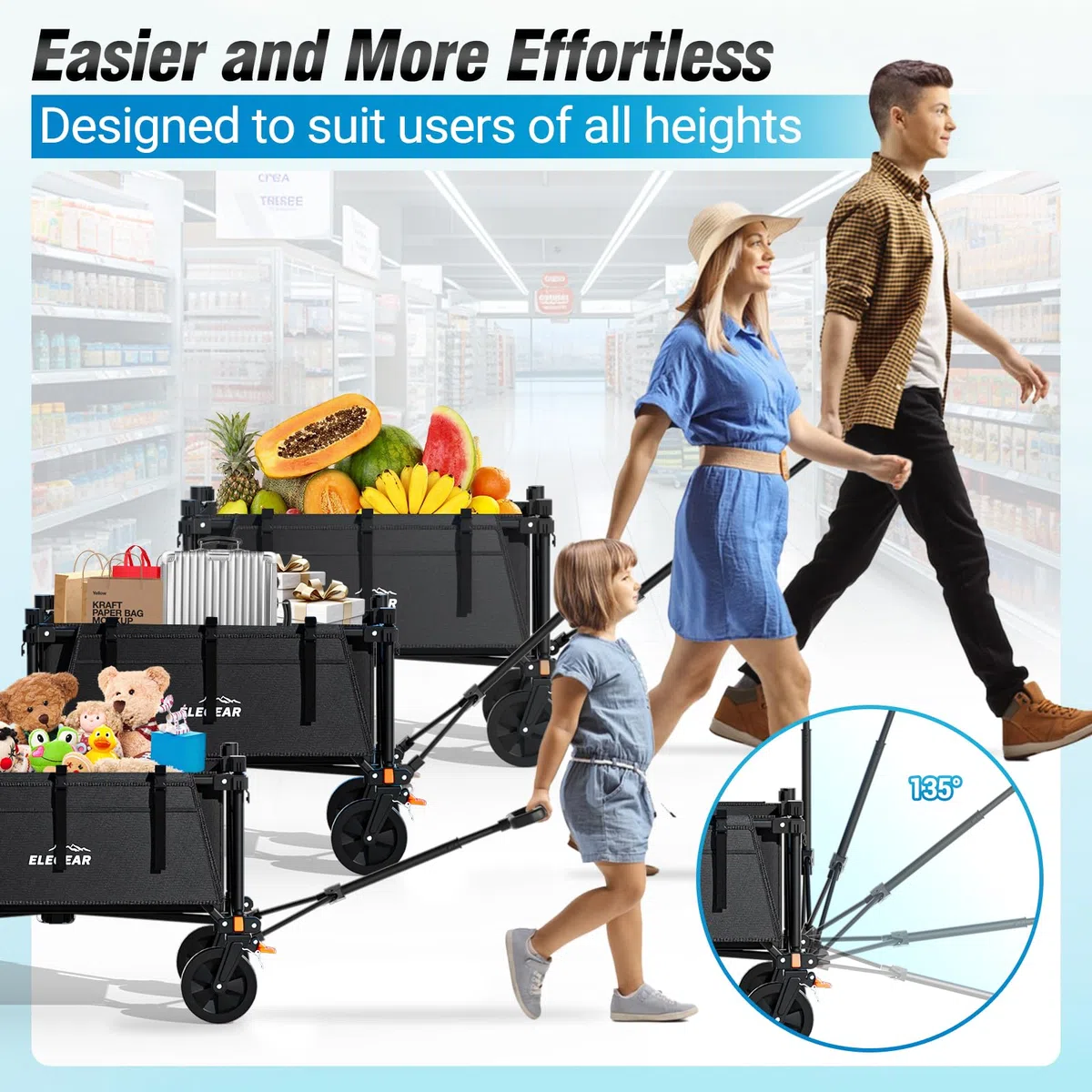 Elegear 200L Carrello Spiaggia Portatutto Regolabile, Carrello Pieghevole con Ruote Tutti i Terreni con Freno, Carrello Campeggio Trolley Carrello da Trasporto Giardino Supermercato Mare Carico 200KG