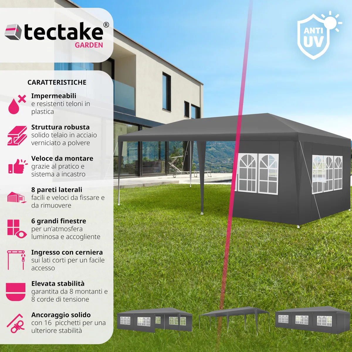 tectake® Tendone per Feste, Padiglione Gazebo Esterno Resistente con 8 Pezzi Laterali, Gazebo da Esterno con Finestre, Impermeabile, Resistente ai Raggi UV, 900 x 300 x 250 cm - Grigio