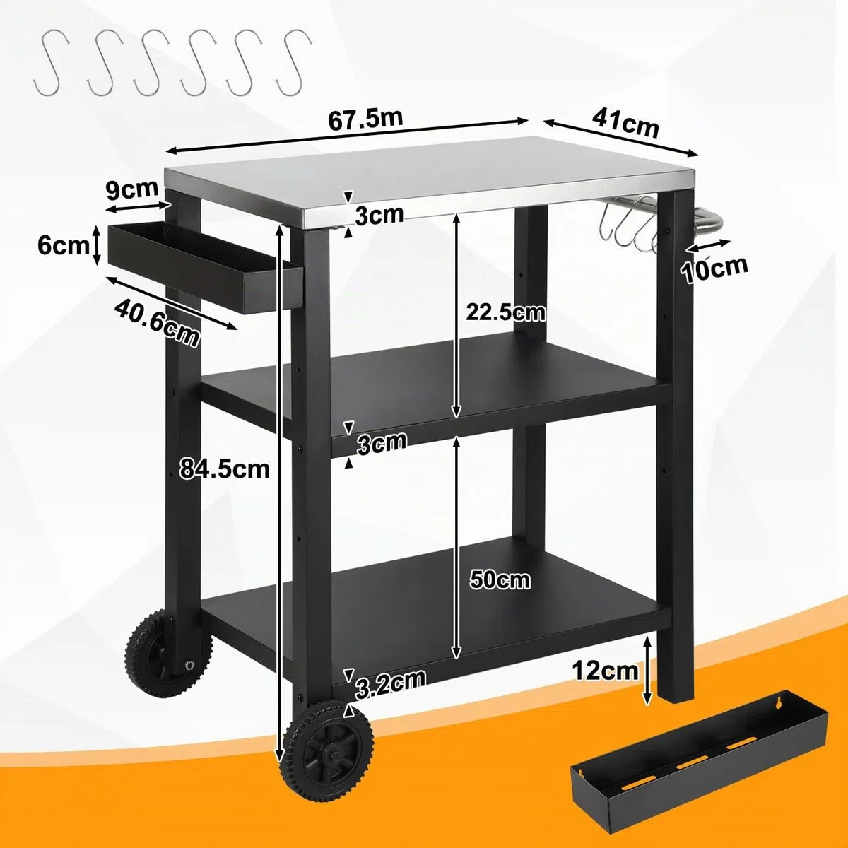 Carrello per Barbecue Regolabile in Altezza, Tavolo da Barbecue con 3 Ripiani, 6 Ganci, Maniglia & Portaspezie, Carrello da Servizio con Ruote per Cucina all'aperto, Piano in Acciaio Inox per