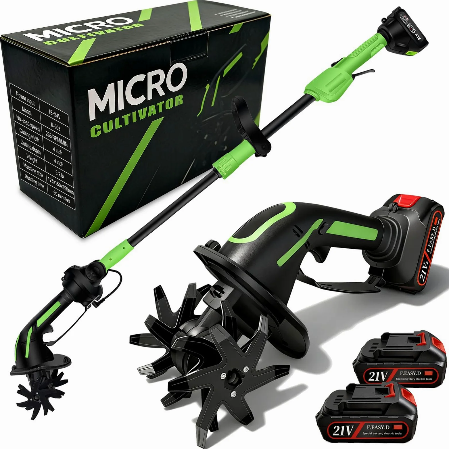 Motozappa Elettrica, Motozappa a Batteria 21V con 2 Batterie 3000mAh y Mango de 1,3m Motocoltivatore con 4 Lame in Metallo Larghezza di Lavoro 10cm Profondità di Lavoro 10cm 235 Giri/min