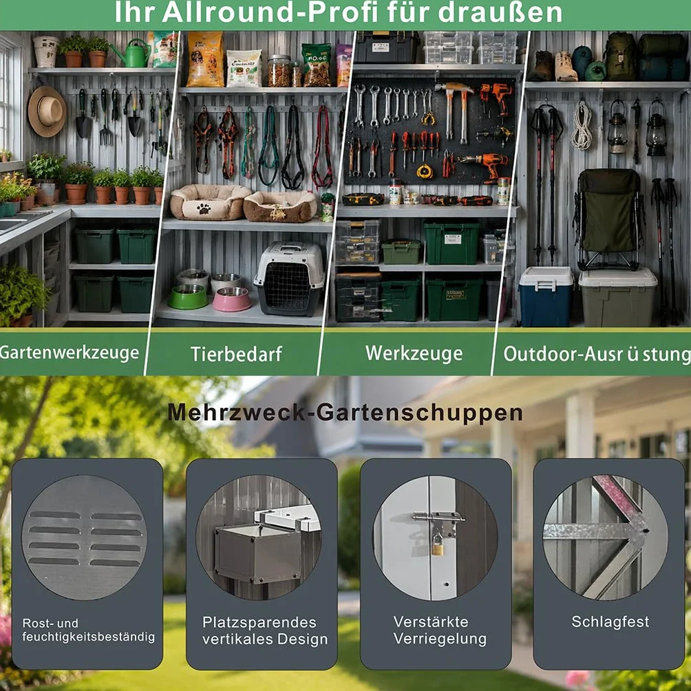 Casetta da giardino in acciaio zincato, 10,21 m², 3 finestre apribili, doppie porte chiudibili e scaffale per fiori, impermeabile, resistente alle intemperie, grigio antracite