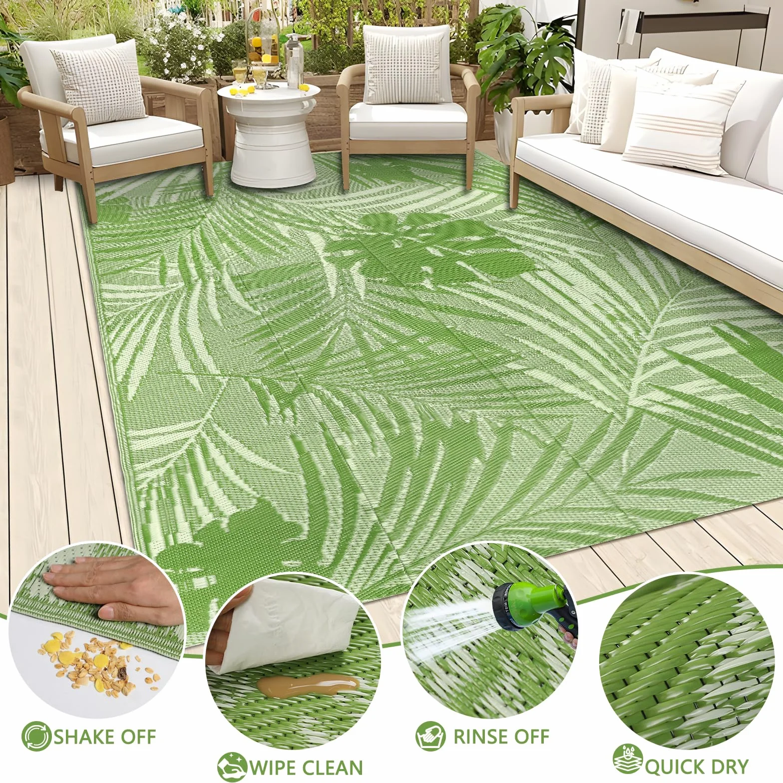Famibay Tappeto per Esterno Motivo a Foglie Verdi Elegante Tappeto Impermeabile Eeversibili e Resistente ai Raggi UV per Giardino, Patio, Spiaggia, Picnic, Campeggio, Cortile 150 x 245 cm