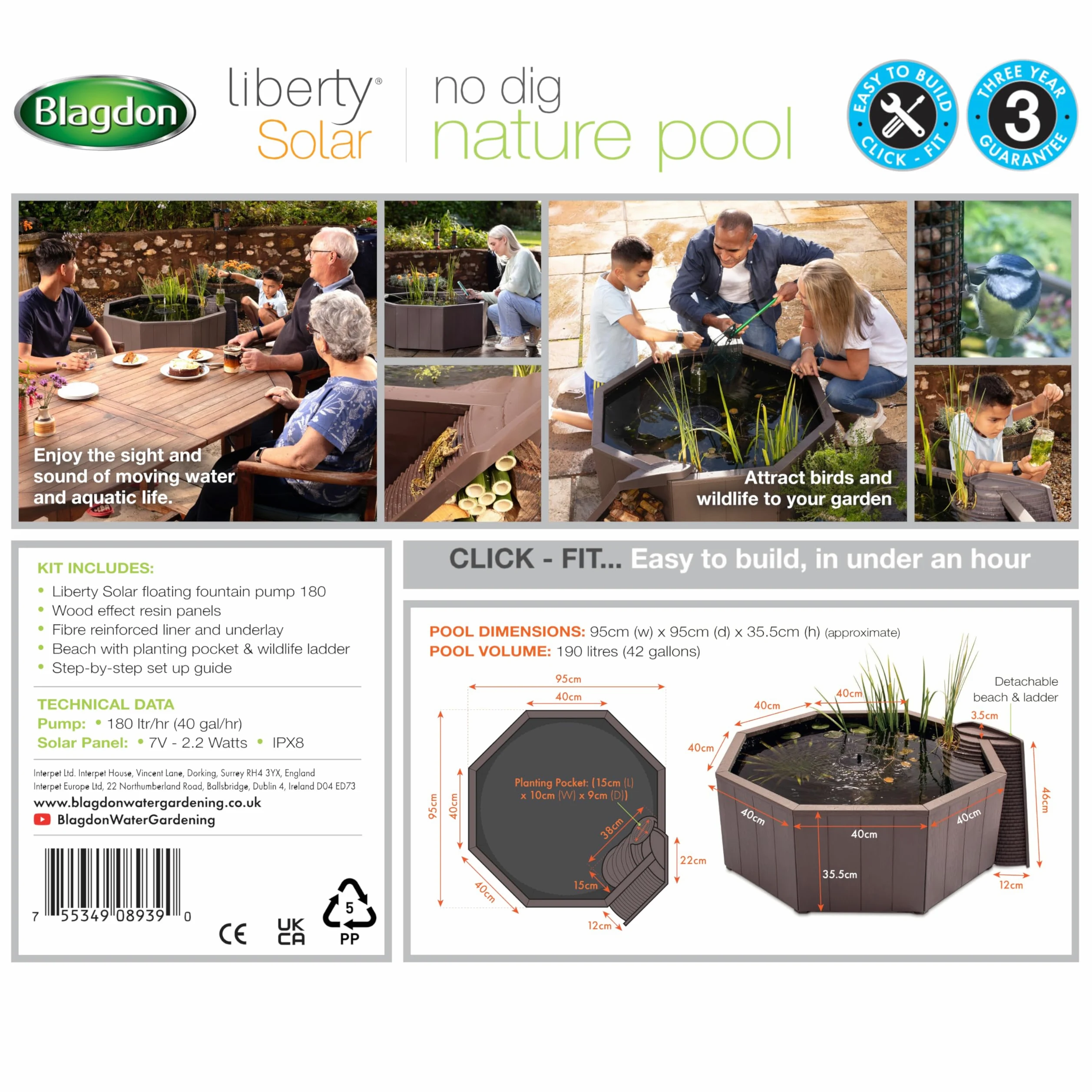 Blagdon Liberty No Dig Nature Pool, stagno rialzato per giardino o patio, costruzione facile da montare, con pompa galleggiante a fontana solare, piattaforma di atterraggio per uccelli, scala di