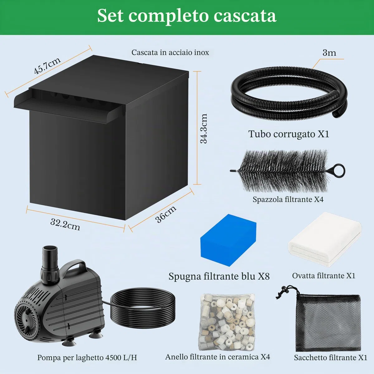 Biling Set Completo per Stagno, Acciaio Inossidabile Cascata con Filtro per laghetto, con Pompa per laghetto da 80 W, 4500 l/h, cascate, ruscelli da Giardino, Gioco d'Acqua