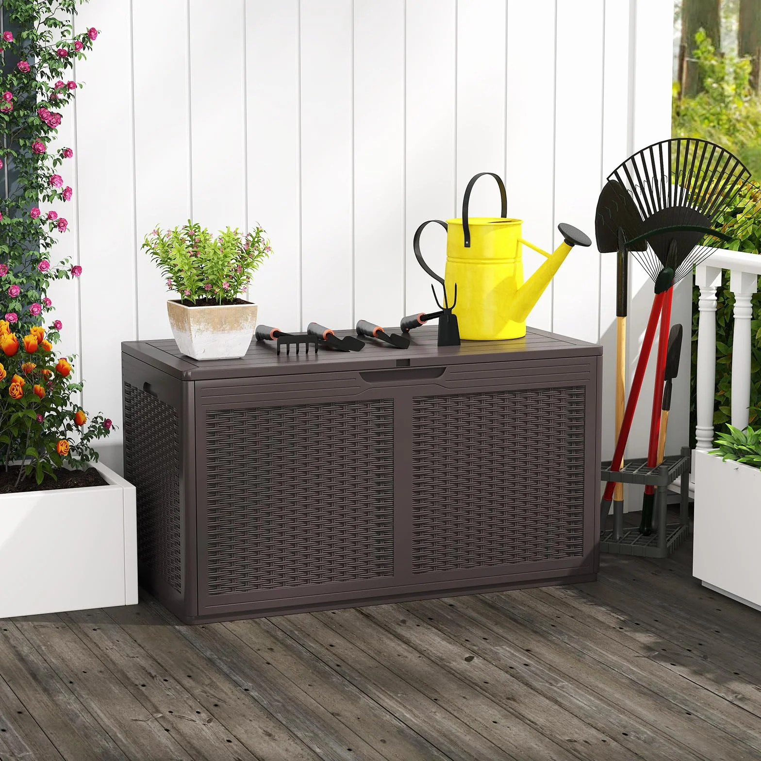 RELAX4LIFE 380L Cassapanca da Esterno, Contenitore da Patio Chiudibile a Chiave con 2 Ruote, Superficie in Finto Rattan, in Resina Impermeabile per Cuscini, Attrezzi (MARRONE)