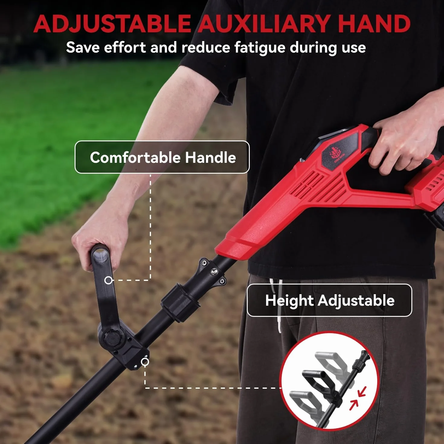 ONEVAN Motozappa Elettrica, 550W Motozappa a Batteria, Larghezza 23 cm e Profondità 16 cm, 2 batterie da 4,0 Ah, Impugnatura Regolabile, Zappatrice Elettrica, per Giardinaggio e Coltivate