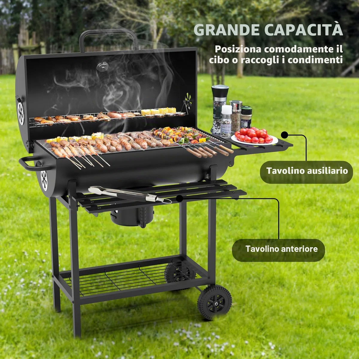 DEWINNER Barbecue a Carbone di Legno XXL con Griglia di Cottura XXL con Due Ripiani, Pinza per Carne alla Griglia, Sfiato Regolabile, Guanti Anti-Bruciore