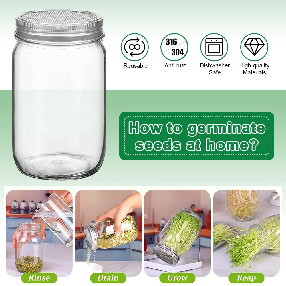 REFORUNG Germogliatore Barattolo Vetro Germogli in Vaso di Vetro da 1000ml Vasetti per Germogli in Vetro con Coperchio a Griglia Copertina in Tessuto e Supporto per Broccoli,Germ,Semi Biologici